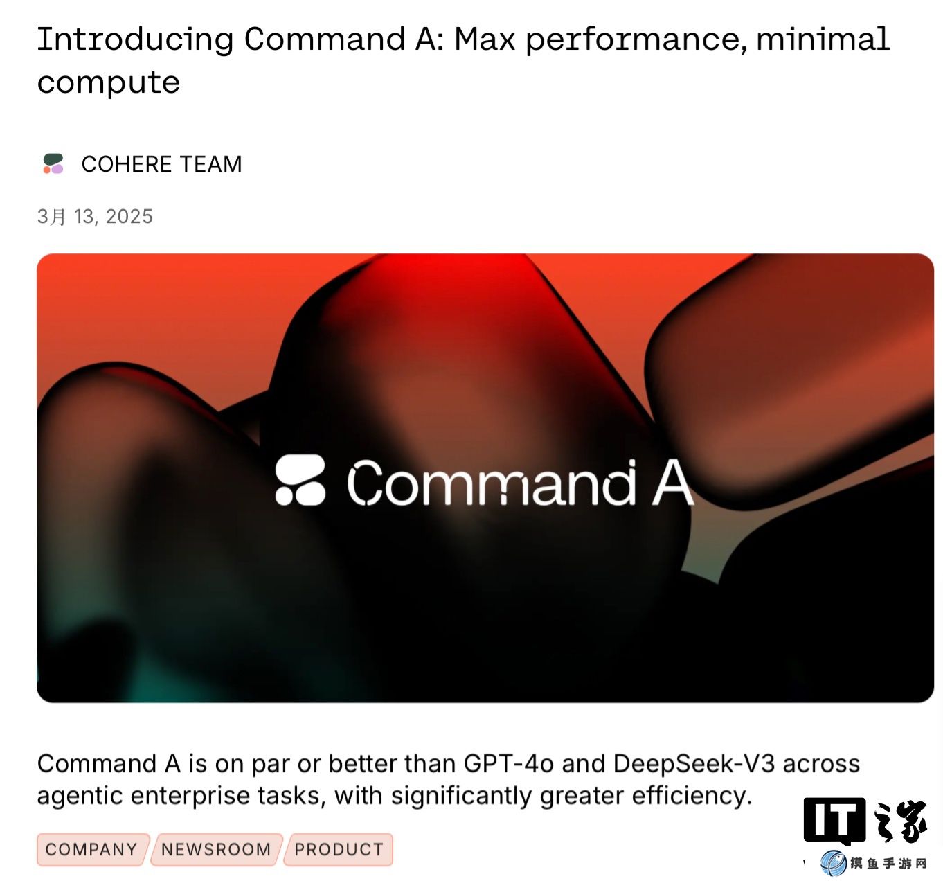加拿大初創公司推出 Command A 輕量級 AI 模型，號稱僅需兩塊英偉達 A100 / H100 GPU 即可部署